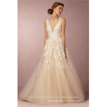 Neueste Kleider Alibaba Elegante V-Ausschnitt Blumen Champage Weiß A Line Brautkleider Vestidos de Novia mit Perlen LW253B